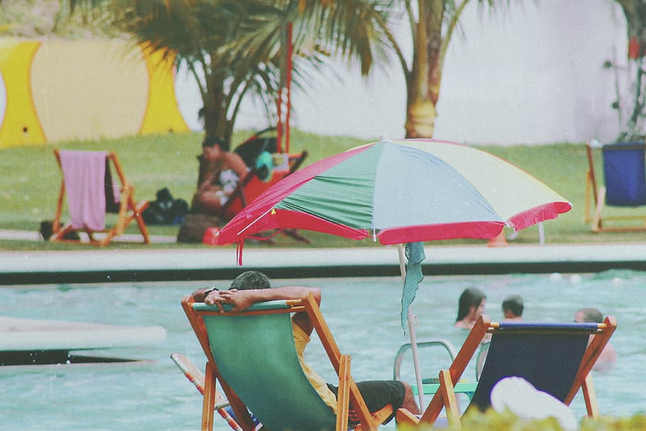 green, red, and brown umbrella, deck chairs, leisure, pool HD wallpaper