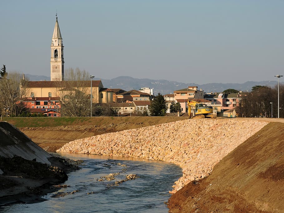 river, sassi, levee, campanile, landscape, san bonifacio, italy, HD wallpaper