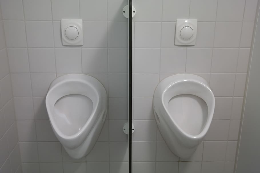 two white toilet bowls on white wall, Urinal, Wc, Public Toilet