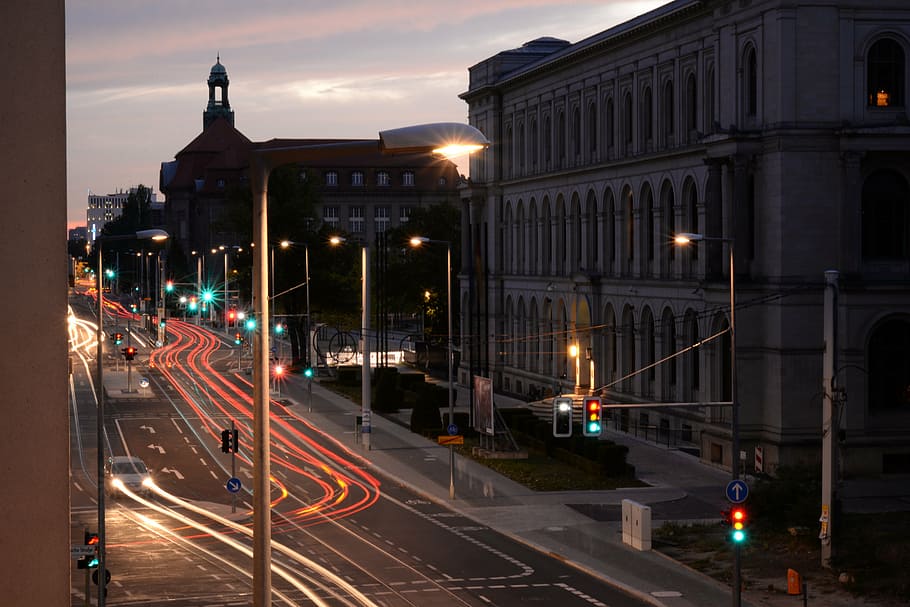 traffic, lights, sunset, berlin, germany, illuminated, architecture HD wallpaper