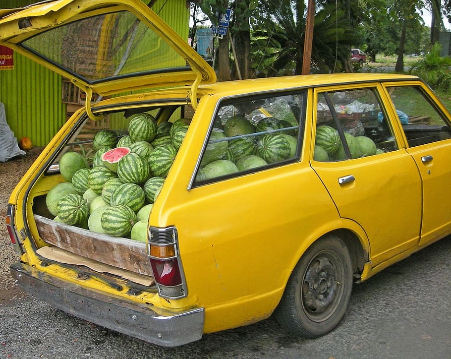 watermelon, delivery, car, loaded, funny, mode of transportation, HD wallpaper