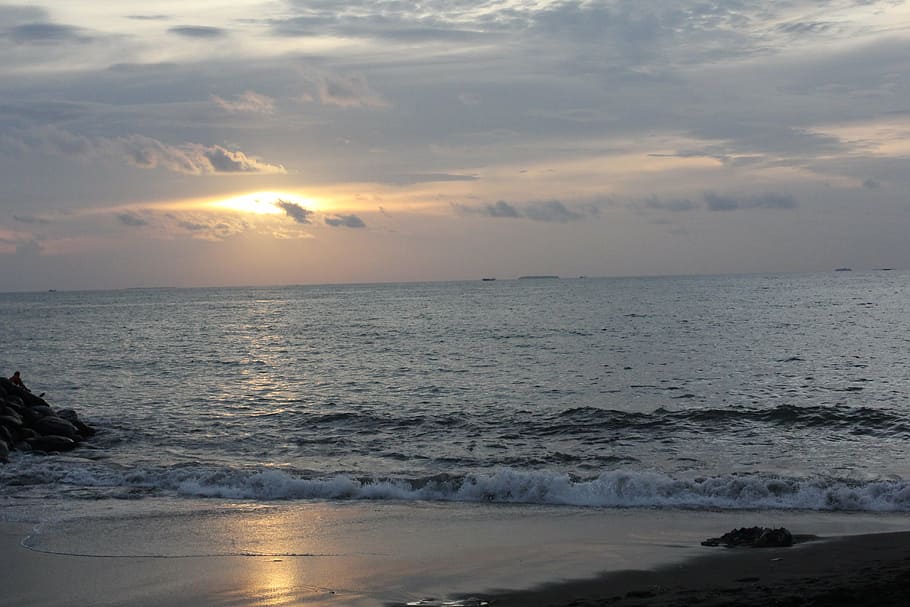 beach, sunset, reflection, sea, sky, water, horizon over water HD wallpaper