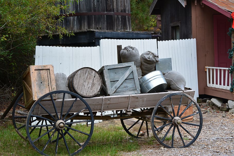 gray trailer with box, wagon, rustic, crate, wood, old, pioneer HD wallpaper