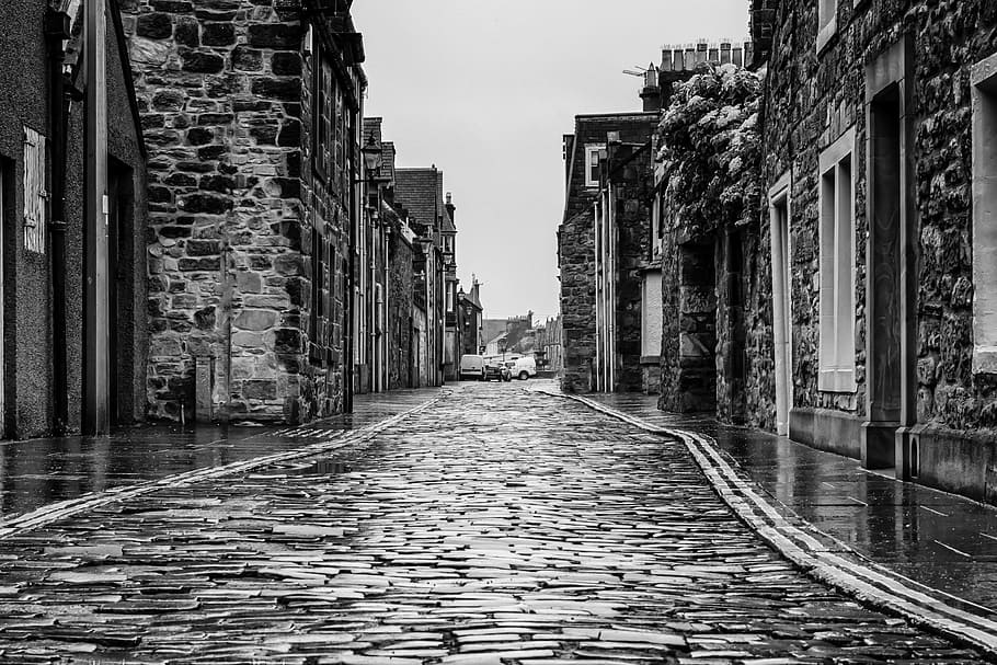 grayscale photo of concrete street in village, road, rain, wet, HD wallpaper