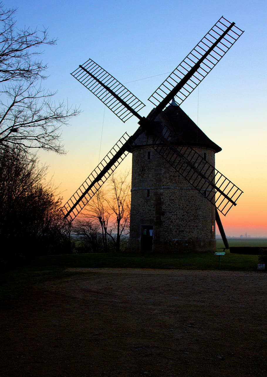 mill, sunset, silhouette, twilight, evening, renewable energy HD wallpaper