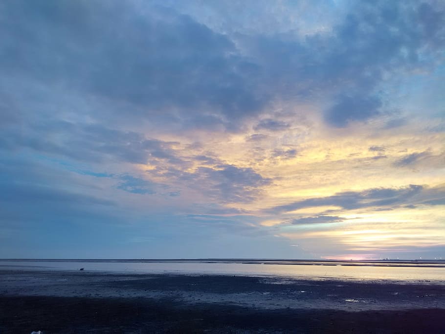 sky, sunset, blue, nature, landscape, sunlight, orange, horizon HD wallpaper