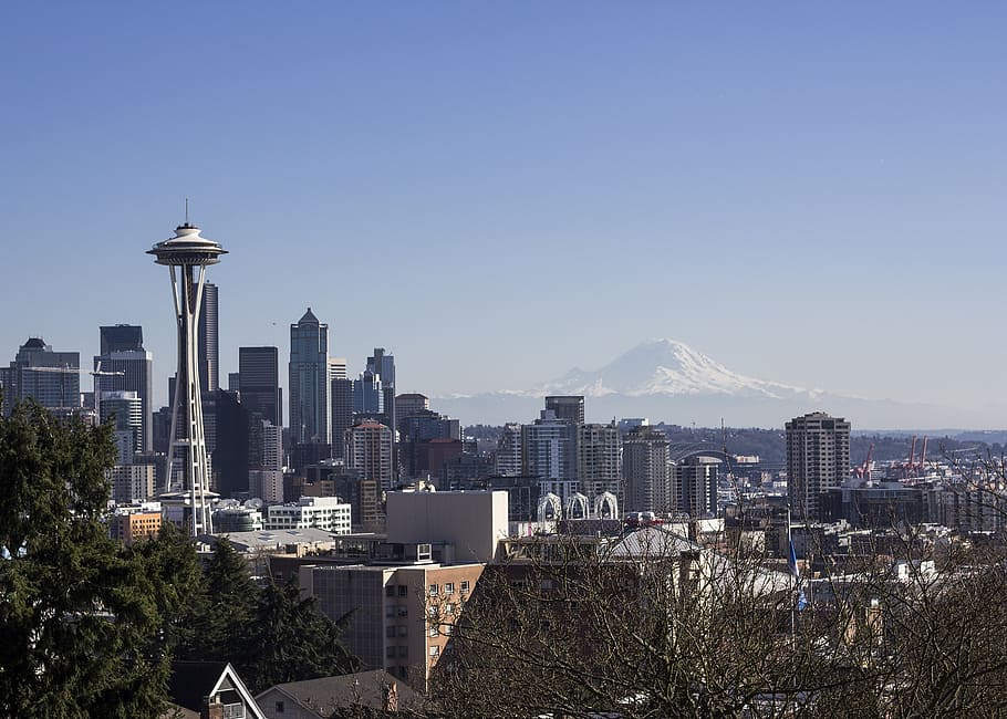 aerial shot of concrete structures, seattle, mount rainier HD wallpaper