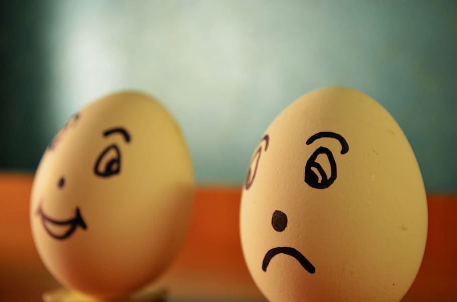 two white eggs with happy and sad emotion print, expression HD wallpaper