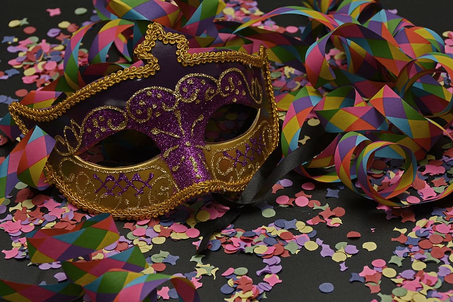 purple and yellow masquerade mask, carnival, confetti, streamer, HD wallpaper