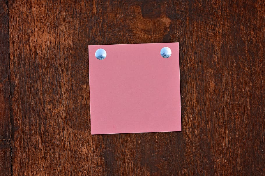 red sticky note on brown surface, stickies, notepad, wood, nails HD wallpaper