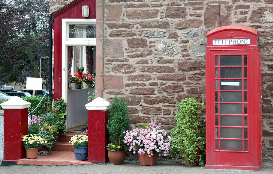 phone booth, old, house, red, england, scotland, building, flowers HD wallpaper