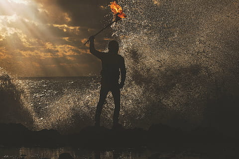 silhouette of man, fire, dance, people, beach, sand, dark, night HD wallpaper