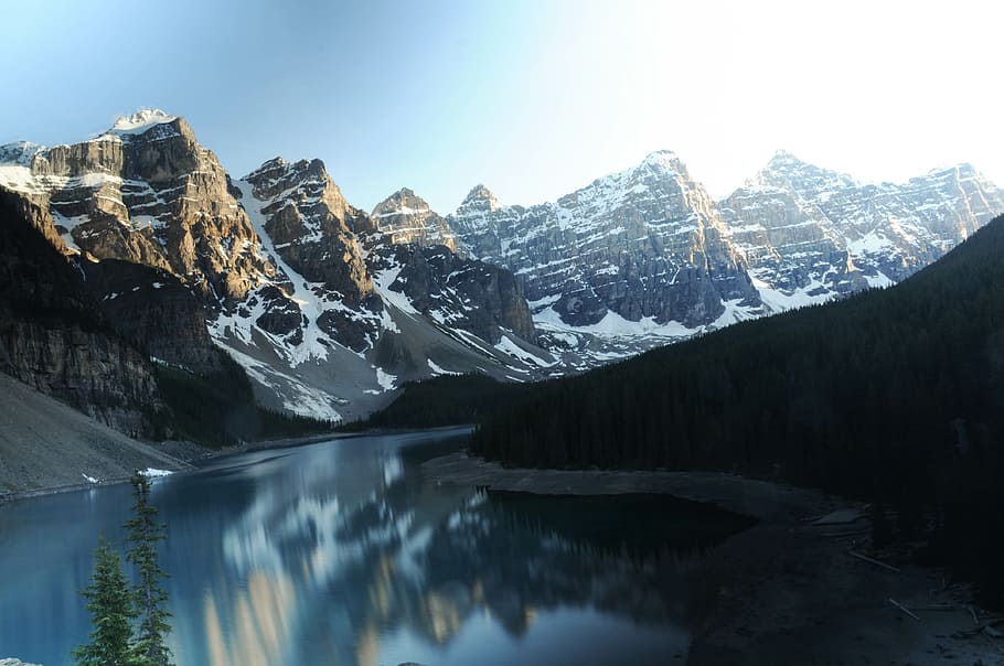 white and brown mountains under blue sky during daytime, landscape photography of alps near lake HD wallpaper