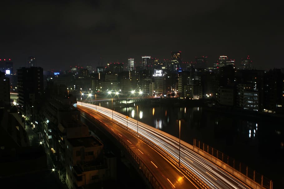 time lapse photo of vehicles, bridge, highway, night, transportation HD wallpaper