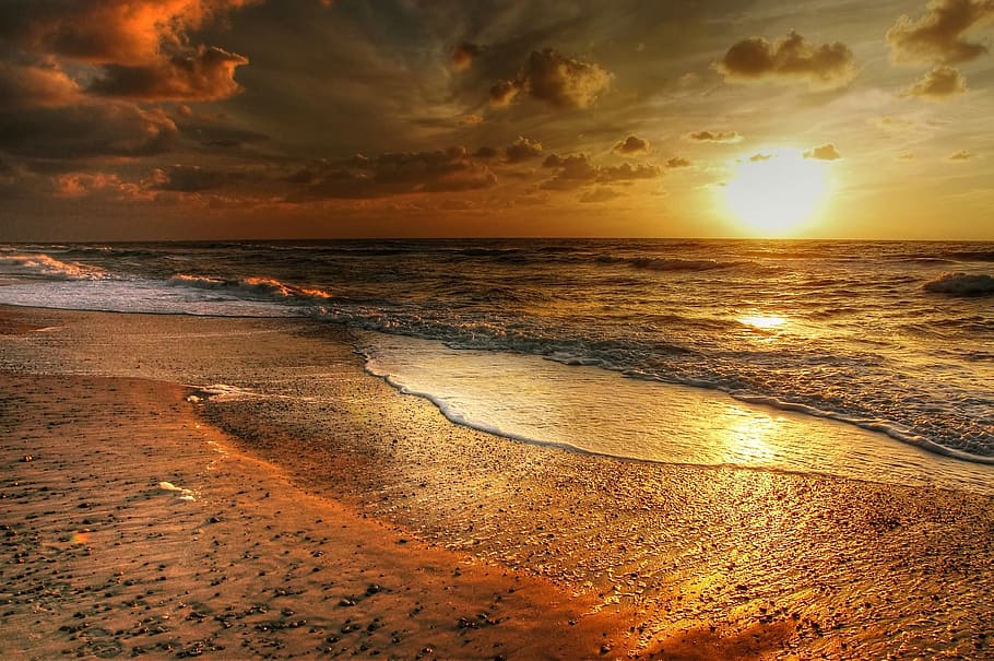 sea, dawn, landscape, nature, afterglow, beach, clouds, coast HD wallpaper