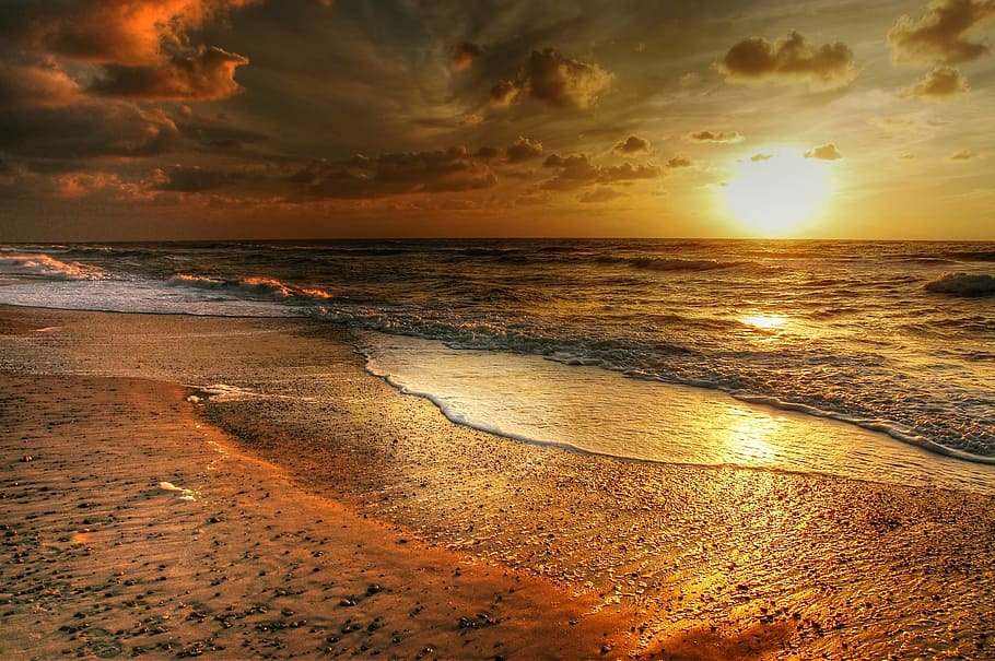 photo of beach sunset at sunset, denmark, wave, sea, water, coast, HD wallpaper