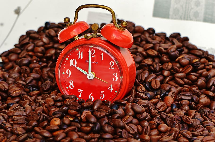 coffee break, alarm clock, time, drink, enjoy, benefit from, HD wallpaper