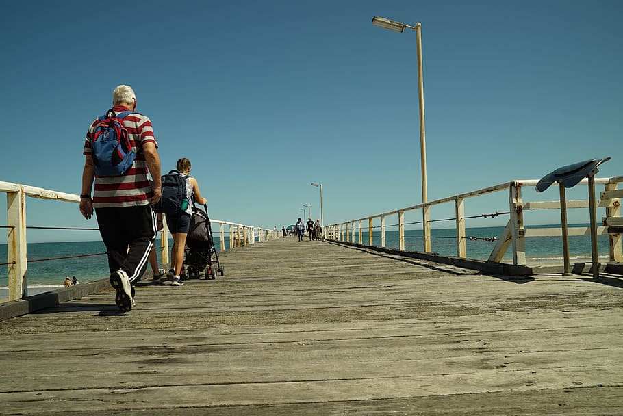 stroll, jetty, pier, leisure, relax, calm, rear view, men, lifestyles HD wallpaper