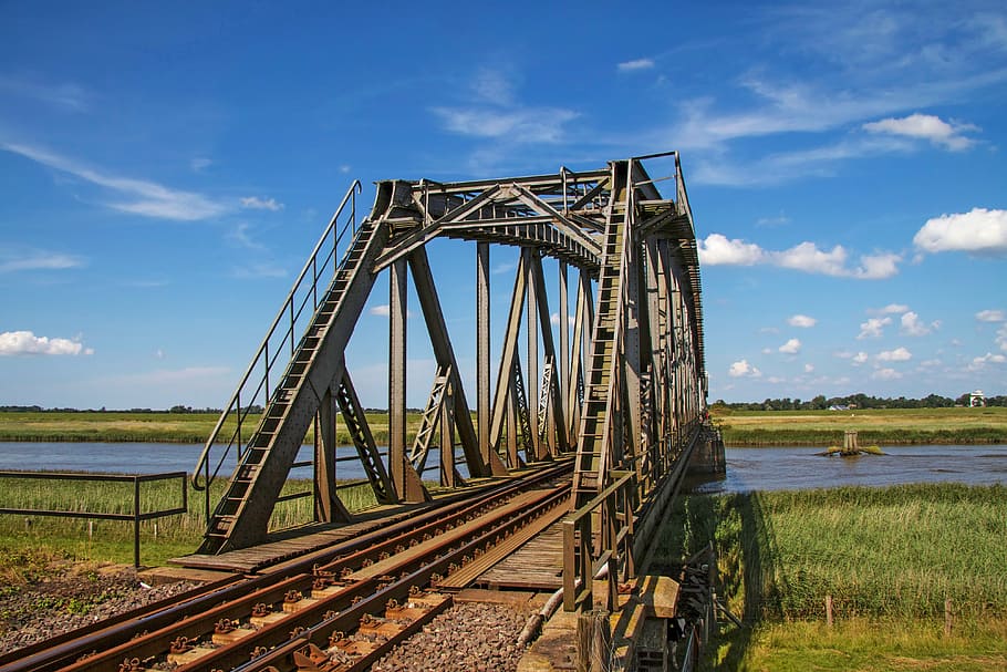 railway bridge, seemed, river, eider, st annen, steel structure HD wallpaper