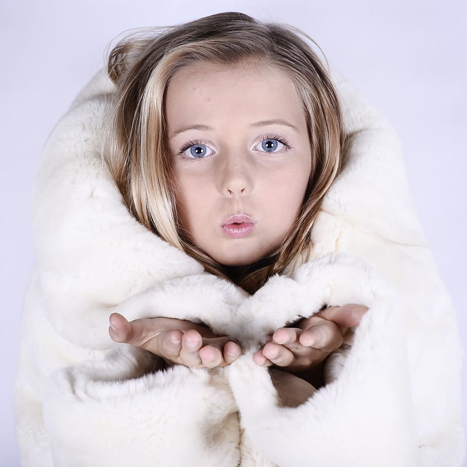 girl wearing white fur coat, beauty, kid, model, child, fun, young, HD wallpaper