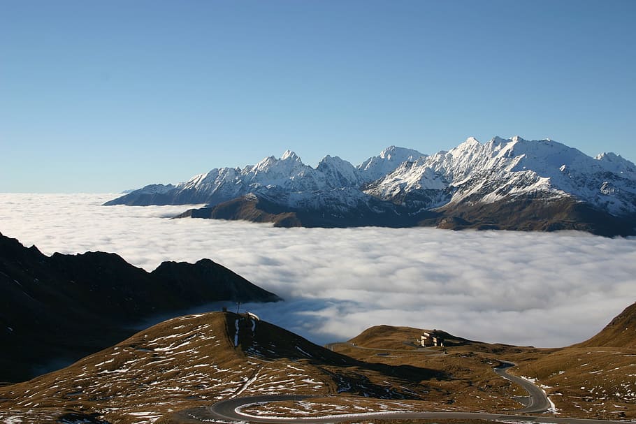 mountains, selva marine, clouds, dom, hut, grossglockner, high alpine road HD wallpaper