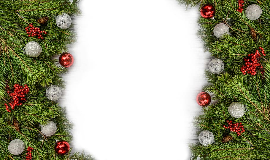 two green, red, and gray Christmas ornament, background, backdrop, HD wallpaper