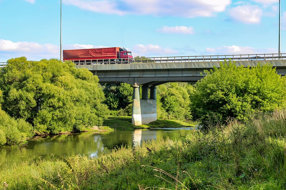bridge, car, river, fouras, cargo, machine, transport, motion HD wallpaper