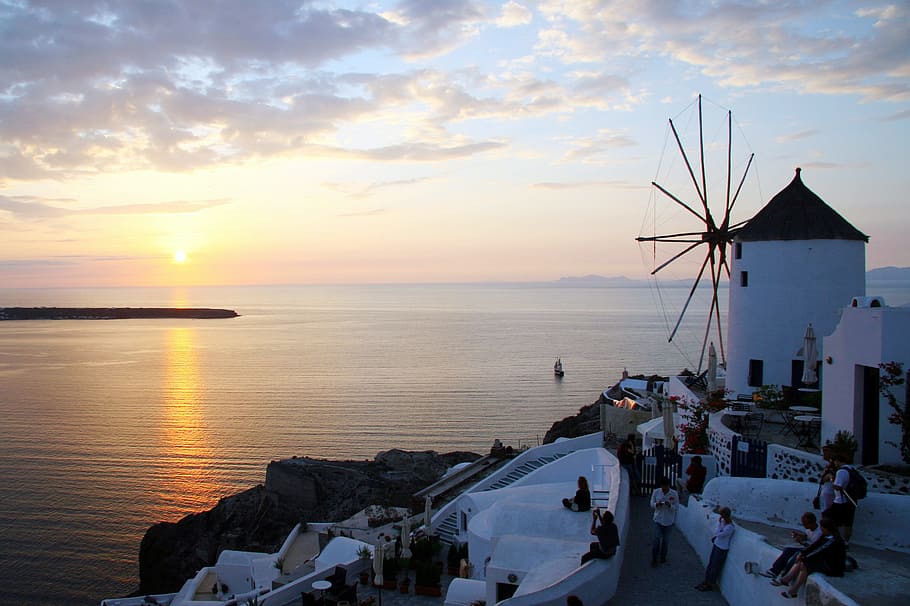 people watching sunset, santorini, cyclades, windmill, sky HD wallpaper