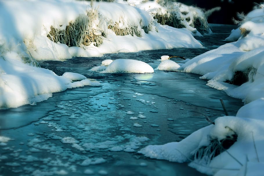 river surrounded with snow at daytime, water, winter, ice, nature HD wallpaper