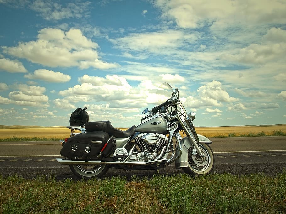 Gray and Silver Cruiser Motorcycle Near Green Grass Lawn, blue sky HD wallpaper