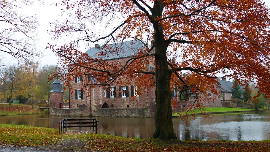 castle, autumn, lock, fortress, pond, autumn leaves, season HD wallpaper