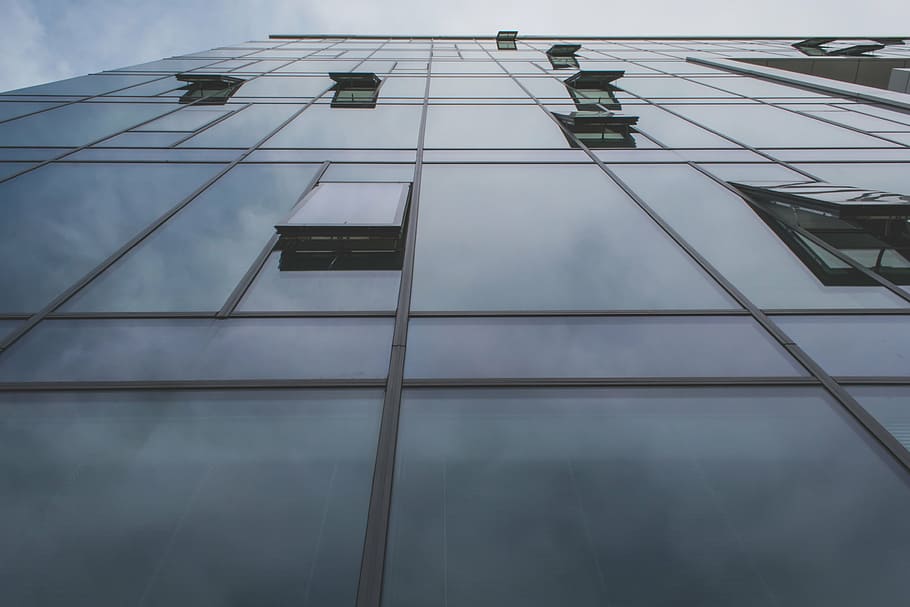worm's-eye view of glass panels of building, gray, photo, windows HD wallpaper