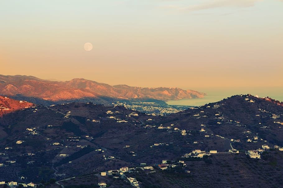 aerial photo of city and mountains, ocean, nature, sky, landscape HD wallpaper