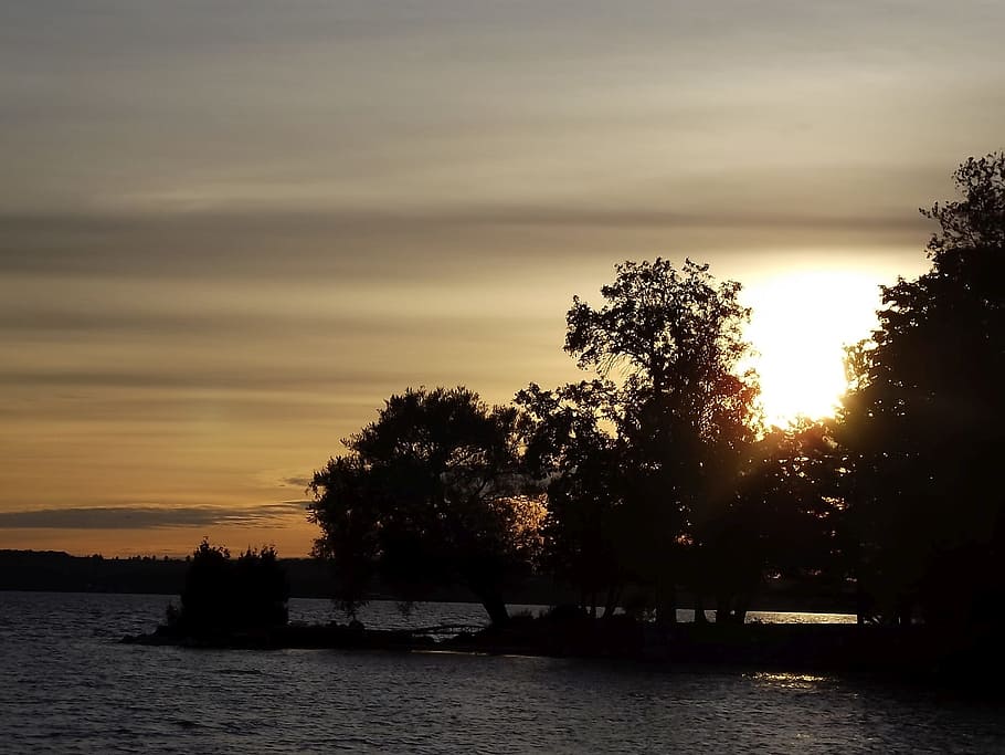 lake, sunset, evening, sky, tree, view, water, plant, scenics - nature HD wallpaper