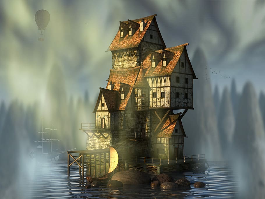gray and brown house on body of water illustration, waters HD wallpaper
