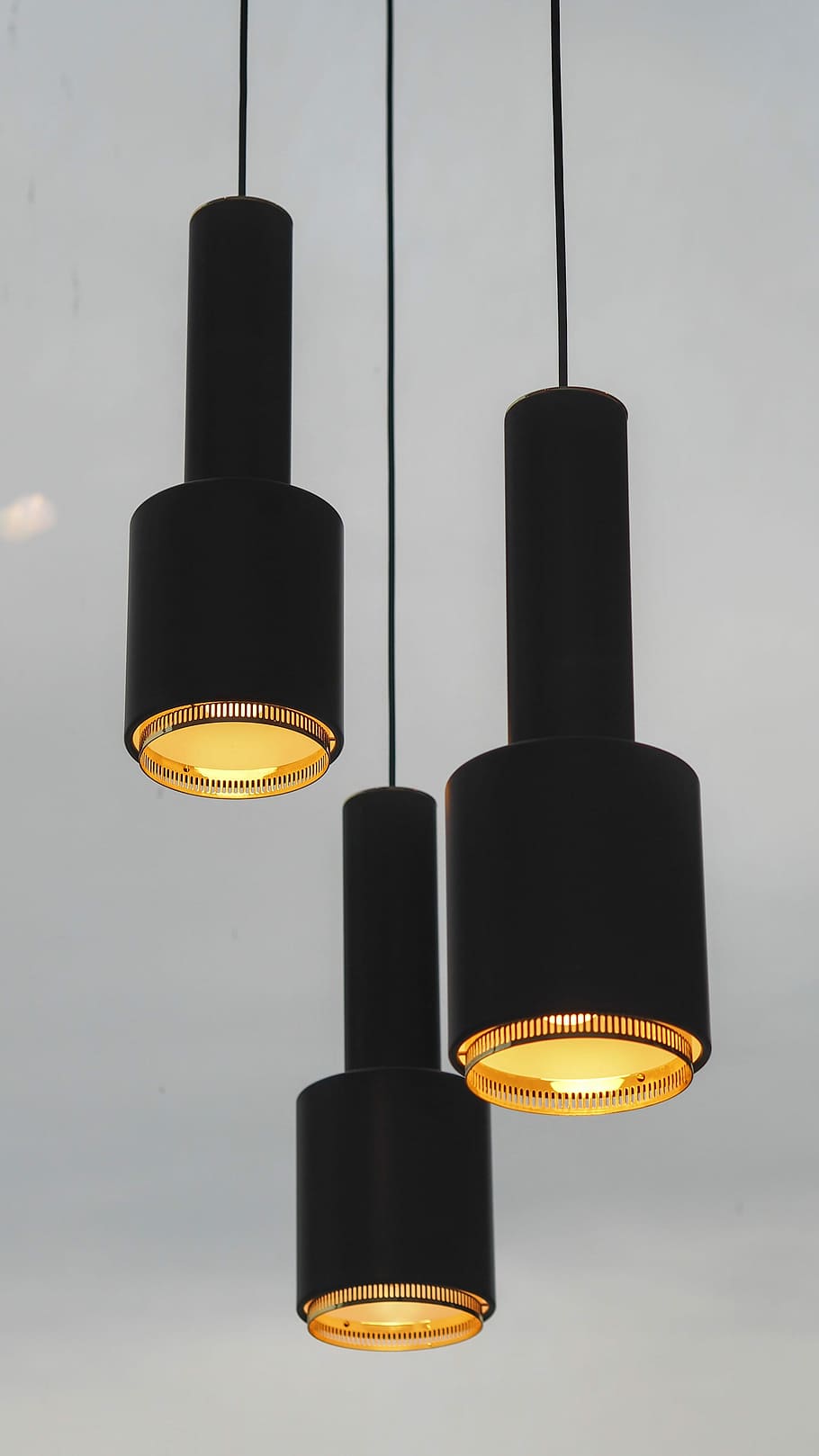 three black pendant lamps, black pendant lamps, lights, decor HD wallpaper