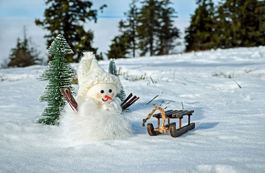 snowman near brown sled, snow man, winter, cold, wintry, figure HD wallpaper