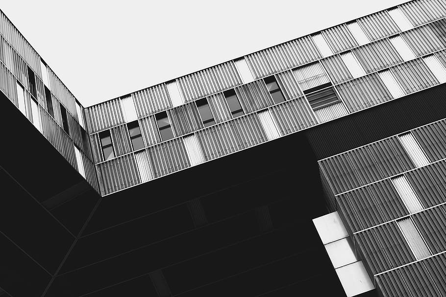 grayscale photography of building, low, angle, metal, frames HD wallpaper