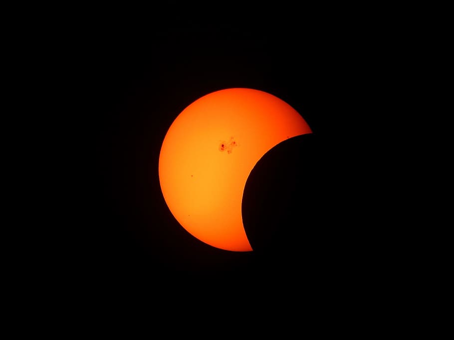 orange half moon illustration, partial solar eclipse, telescope