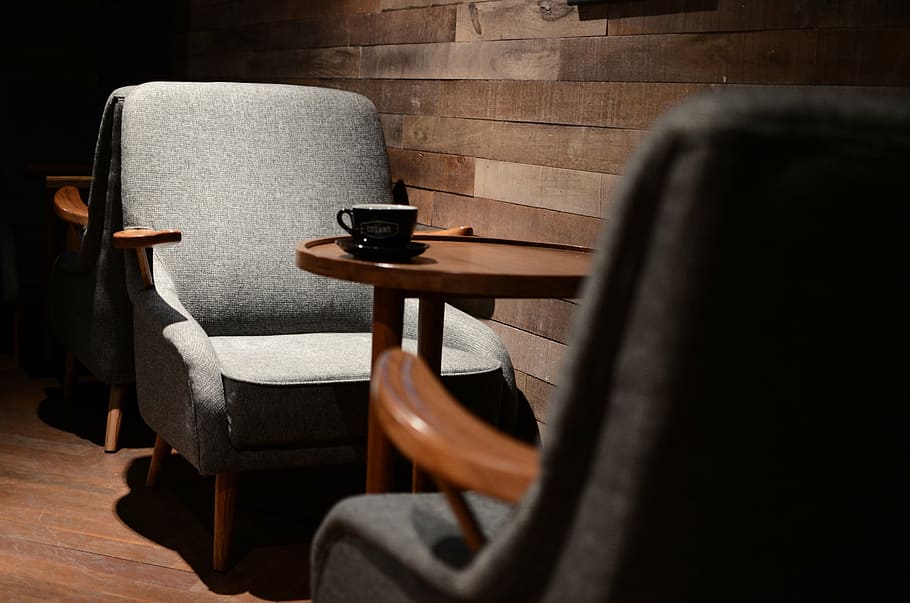 black ceramic mug on table, empty, chair, coffee, cafe, tables HD wallpaper