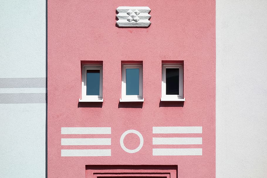 photo of three glass windows, pink, facade, emblem, building HD wallpaper