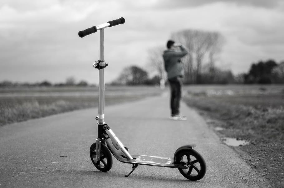 child, boy, landscape, roller, road, play, black and white HD wallpaper
