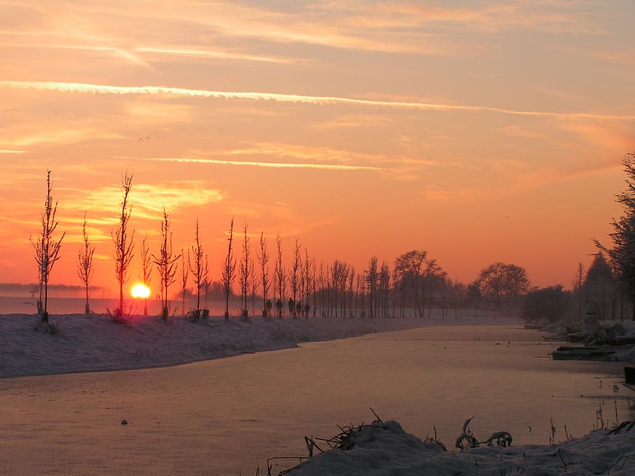 winter, snow, ice, sunset, sky, orange color, beauty in nature HD wallpaper