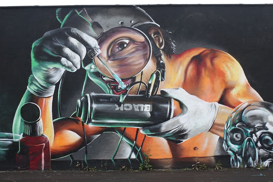 man holding black capacitor painting, graffiti, urban, city, science