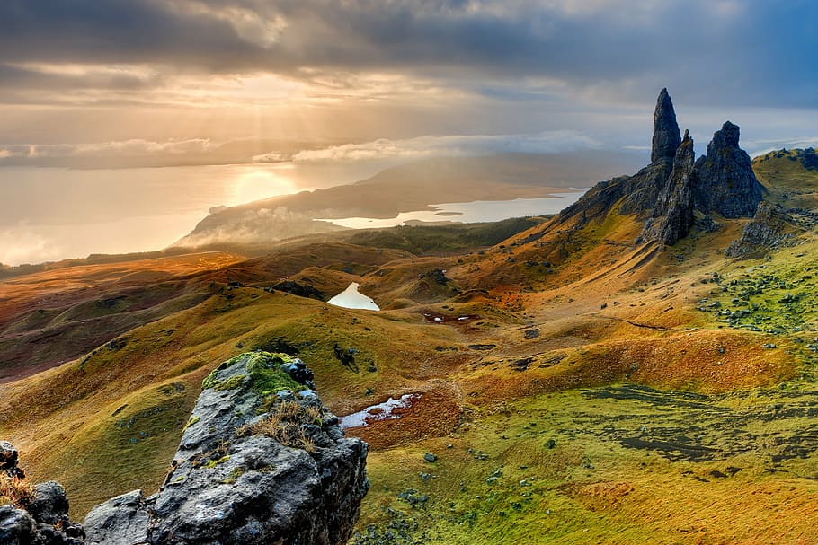 landscape photography of green mountain near body of water, scotland, HD wallpaper