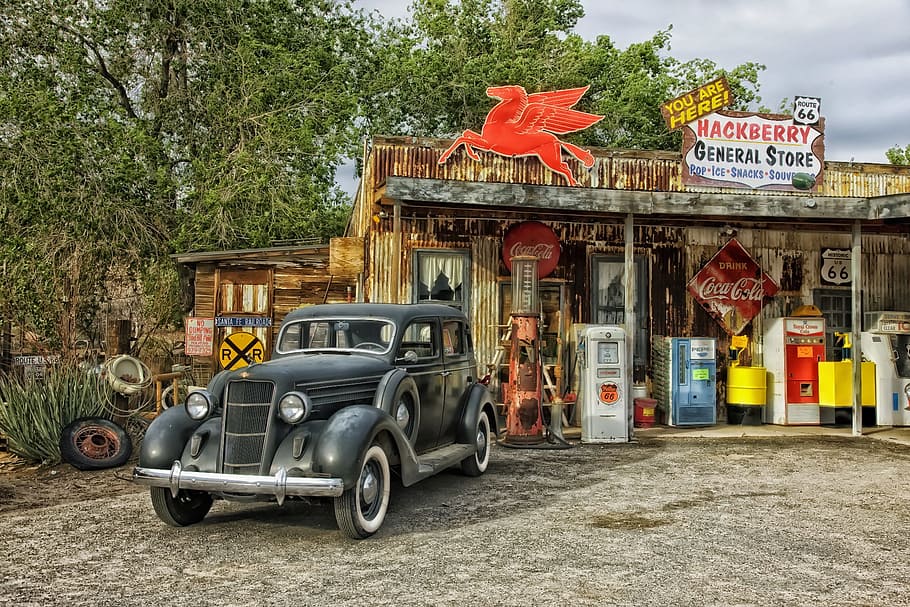 classic black car parked, arizona, general store, route 66, shop