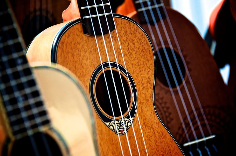 three brown and black ukuleles, music, instrument, musical, acoustic, HD wallpaper
