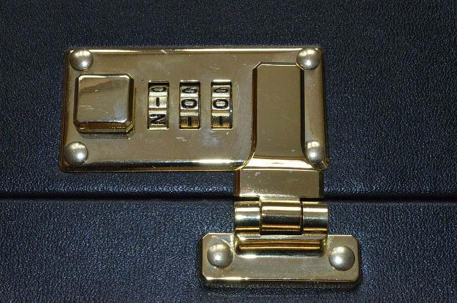combination lock, luggage, snap lock, indoors, close-up, gold colored HD wallpaper