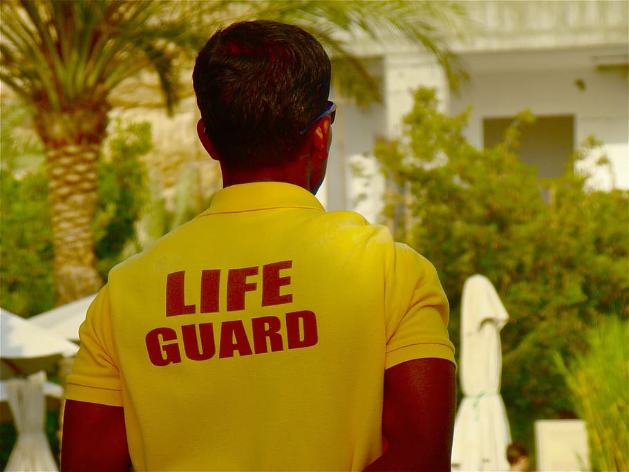 lifeguard, supervisor, man, rear view, text, real people, men HD wallpaper