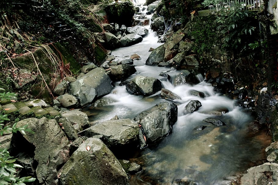 stream, water, mountain, flowing water, rock, motion, beauty in nature HD wallpaper